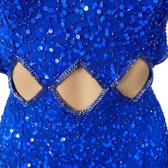 SCALA Vtg Iconic Blue Heavily Beaded Sequin Cut Out Maxi Gown Dress SZ XS - Picture 4 of 9